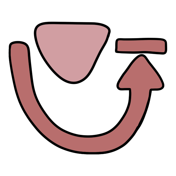 a pink arrow curves down under a light punk blob and up to end at a dash.